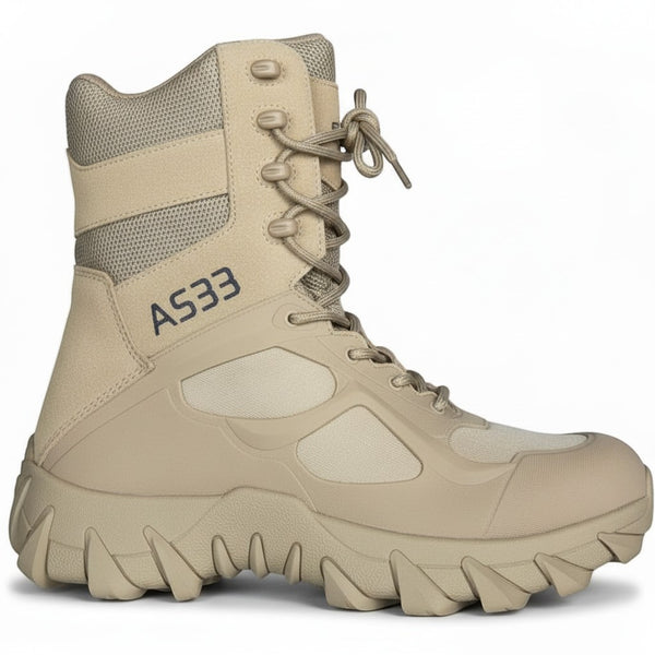 Mens Tactical Side Zip Work Boots in beige, featuring a high-cut design and rugged sole for outdoor utility.