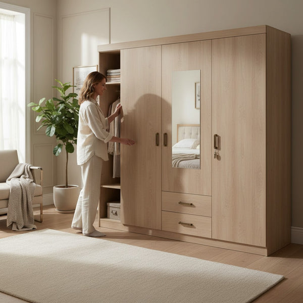 3-Door Wooden Wardrobe with Mirrored Center & Drawers in a stylish bedroom setting with a woman interacting with it.