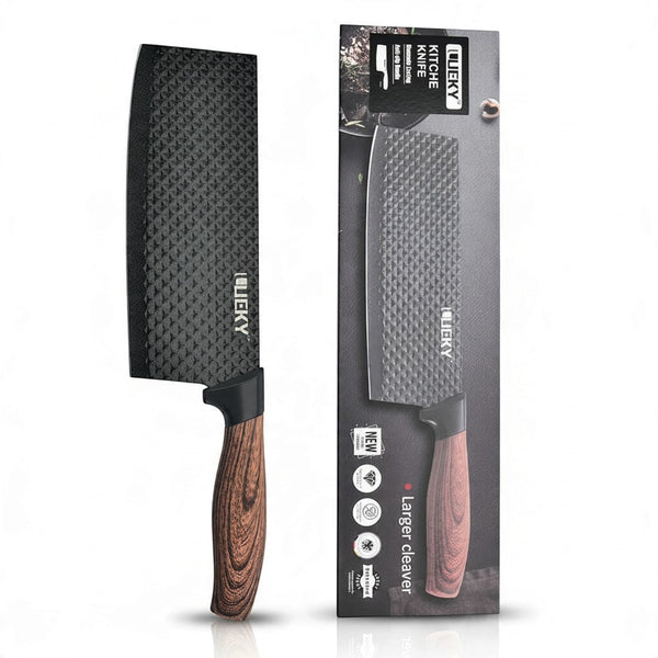Japanese-Style Kitchen Cleaver Knife with ergonomic wood-grain handle and non-stick blade design.