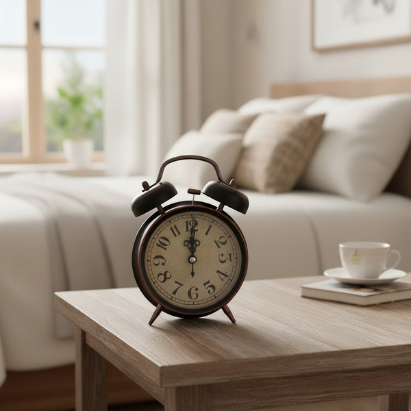 Retro Twin Bell Alarm Clock on a bedside table, featuring a vintage design with twin bells and an analog face.