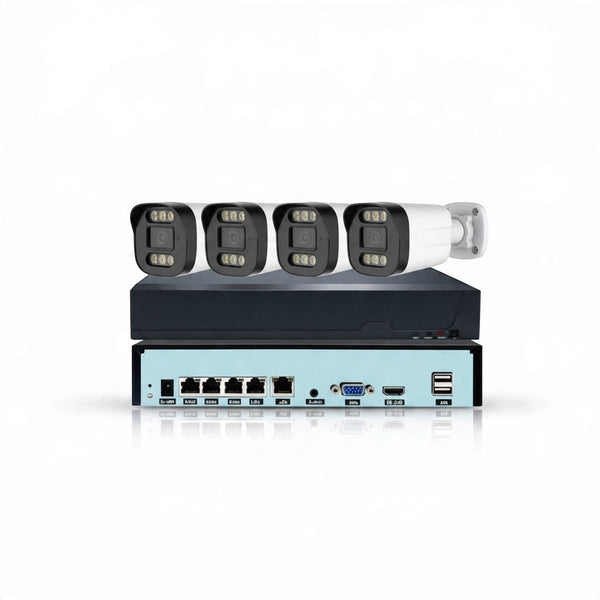 3MP 4-Channel NVR PoE Security Camera Kit with four surveillance cameras and NVR device.