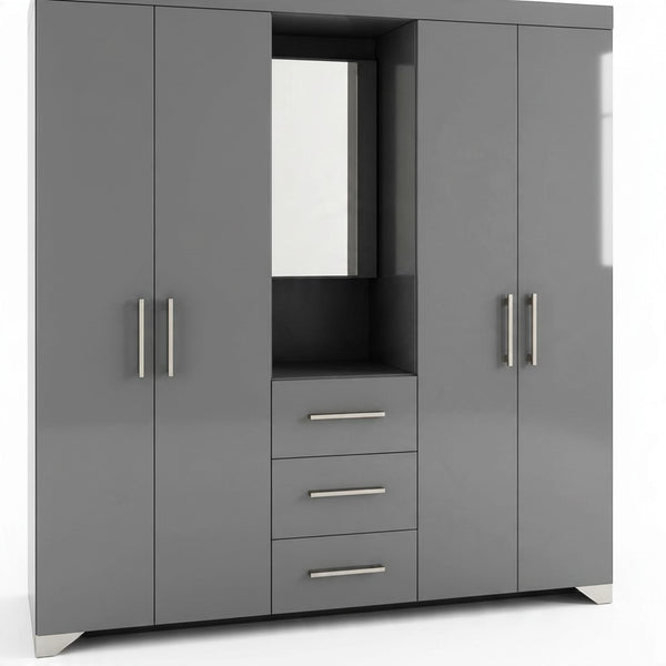 Multi-Door Bedroom Wardrobe with Built-In Central Mirror displaying multiple doors and central mirror.