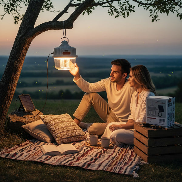 Couple enjoying the outdoor night with Solar-Powered Insect Trap & LED Outdoor Light hanging by a tree.