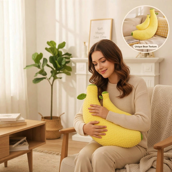 A woman relaxing on a chair, hugging a 50cm Bean Plush Banana for comfort and decorative appeal.