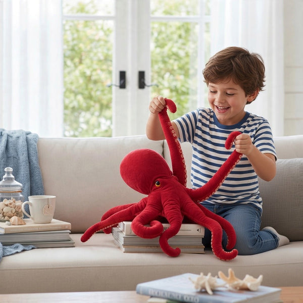 A child plays with a Realistic Octopus Plush Toy, enjoying its lifelike details and vibrant color in a cozy living room setting.