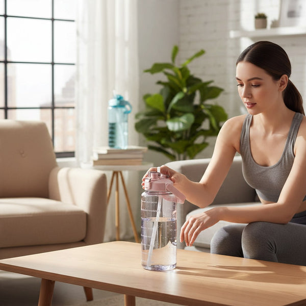 A young woman using a 2-Litre Motivational Water Bottle with Built-In Straw at home to stay hydrated.
