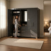Multi-Door Bedroom Wardrobe with Built-In Central Mirror showcasing modern storage features and a woman accessing clothes inside.