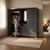 Multi-Door Bedroom Wardrobe with Built-In Central Mirror showcasing modern storage features and a woman accessing clothes inside.
