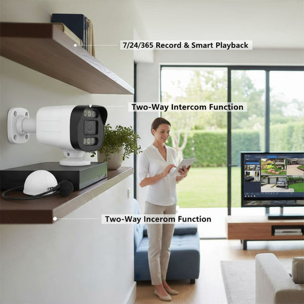 5MP 4-Channel NVR PoE Security Camera Kit with Two-Way Intercom and Smart Playback features.