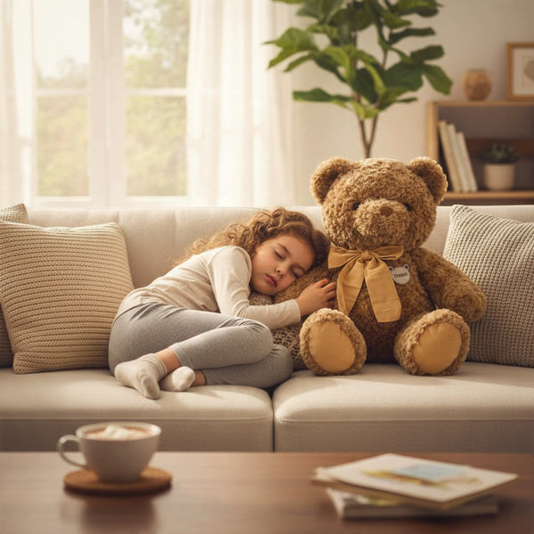Child peacefully sleeping next to a 65cm Plush Teddy Bear on a cozy couch in a bright living room.