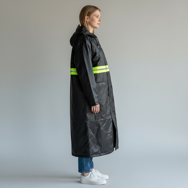 Long Hooded Raincoat with Reflective Stripe