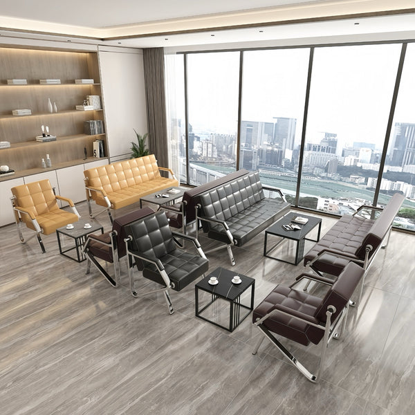 Steel Chrome Reception Sofa Suite displayed in a modern office lounge with large windows and stylish furniture.