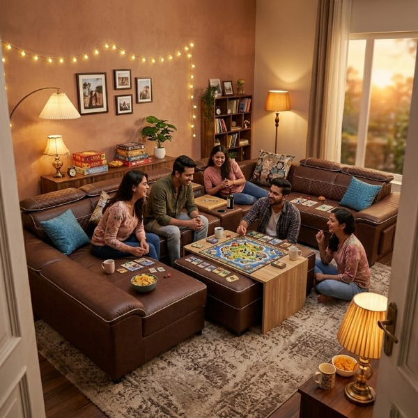 Brooklyn Cinema Corner Couch providing a cozy setting for friends enjoying board games and snacks together.