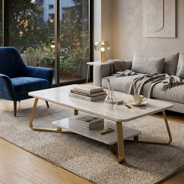 Modern 2-Tier Marble Coffee Table with Gold Frame
