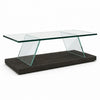 Modern Glass Top Coffee Table with clear tempered glass and dark wood-look base for a contemporary living room.