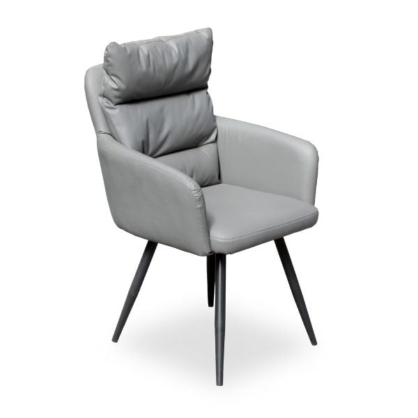 Elara Modern Armchair in gray leather with a sleek design and padded backrest, perfect for home and office use.