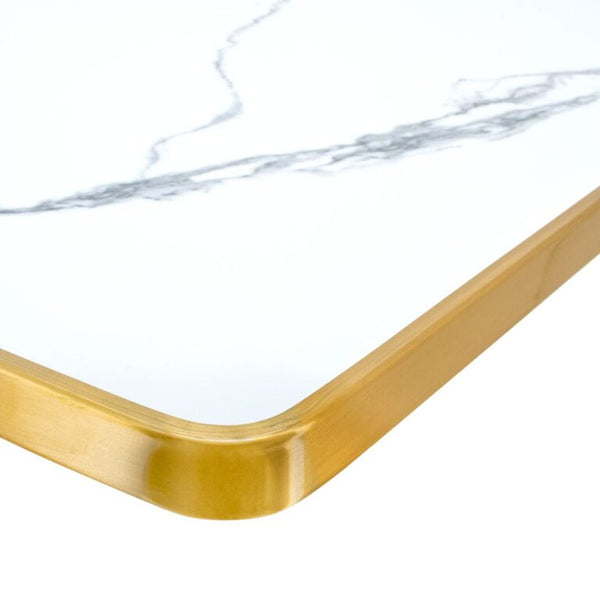 Close-up of the Square Marble Effect Dining Table with Gold Pedestal Base showing the white marble-effect top and gold edge.