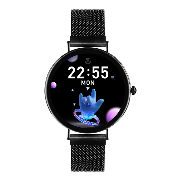 Valencia Series Ladies Smart Watch Black displaying time and animated icon on a sleek touchscreen.