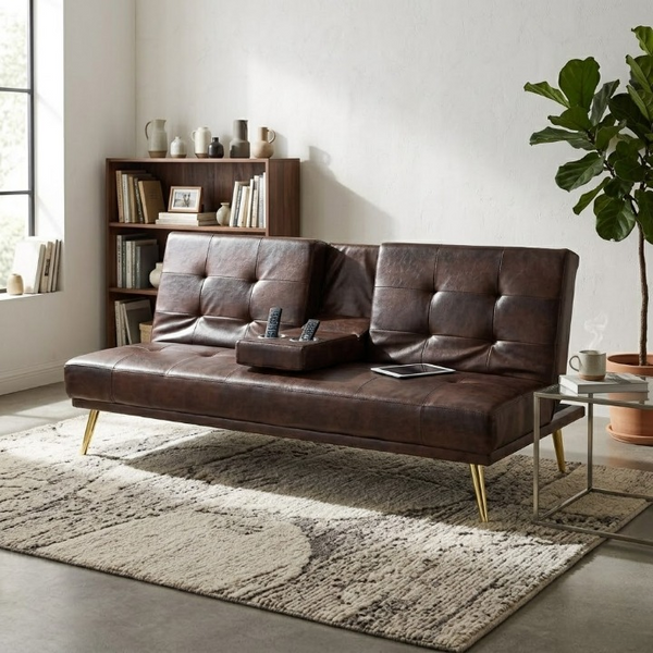 Modern Tufted Faux Leather Sleeper Couch in stylish living room setting with decorative items and plants.