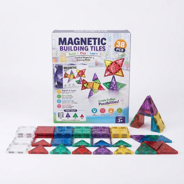 38-Piece Magnetic Building Tiles Set with colorful geometric shapes for creative construction and learning.