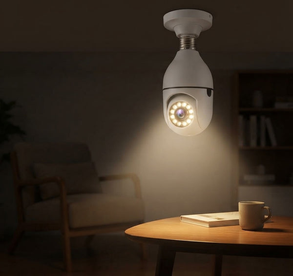 Wireless Light Bulb Security Camera providing illumination and monitoring features in a home setting.