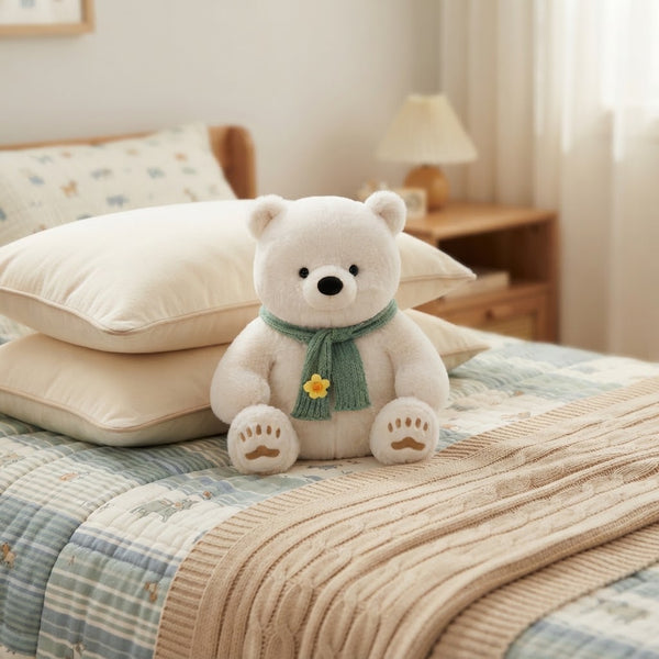 23cm Plush Polar Bear sitting on a bed, featuring a green scarf and friendly expression, perfect for cuddling.