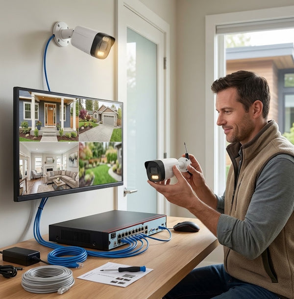 Man setting up the 3MP 16-Channel NVR PoE Security Camera Kit with a monitor displaying security footage.