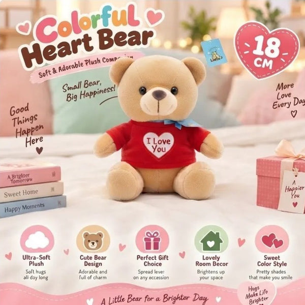 Colorful Heart Bear Plush Toy standing on a bed, showcasing its heart-themed design and adorable features.