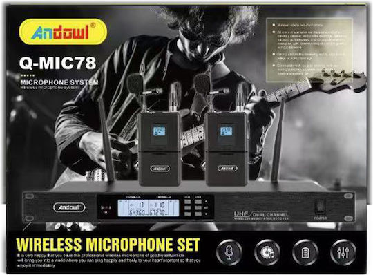 Andowl Qmic78 Set Wireless Microphone featuring dual handheld mics and UHF system for quality audio transmission.