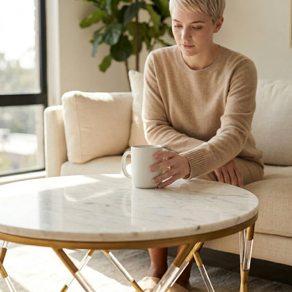 Woman holding a mug while sitting beside a Marble Top Coffee Table in a cozy living room.