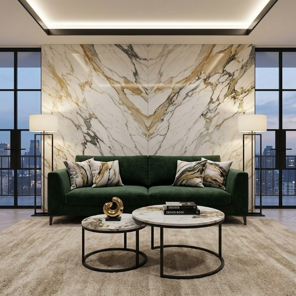 Round Marble Effect Nesting Coffee Tables in a modern living room with green sofa and marble wall.