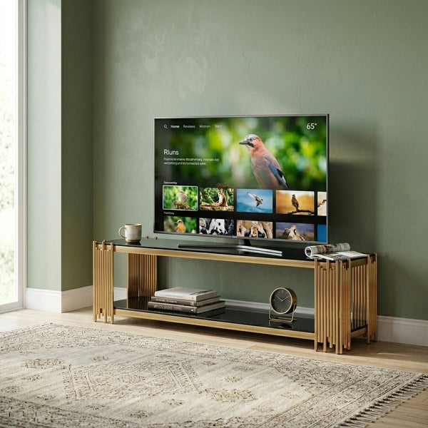 Gold Frame TV Stand with Black Glass Shelves displayed in a modern living room setting.