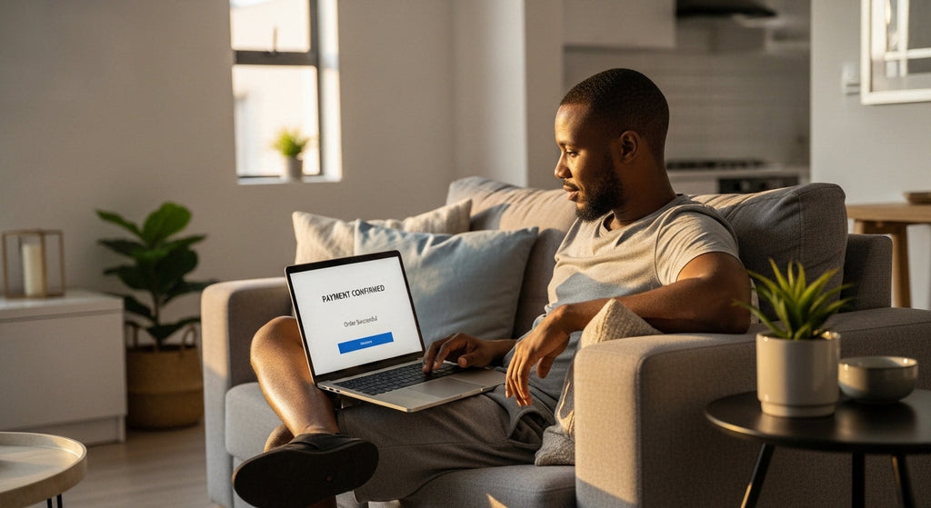 Person shopping online with a laptop at home, exploring buy now pay later South Africa options.
