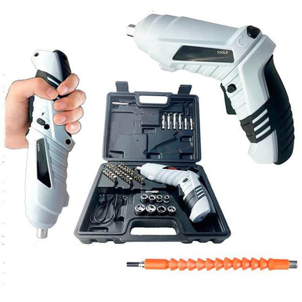 47Pcs Cordless Rechargeable Screwdriver Set with LED Light includes various bits and a handy case for easy storage.