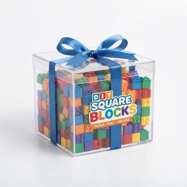 125-Piece DIY Square Building Blocks Set in a clear box with a blue ribbon, suitable for imaginative play.