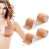 Boob Tape Strap 5M displayed on a model showcasing support and lift for A–G cup sizes, ideal for various outfits.