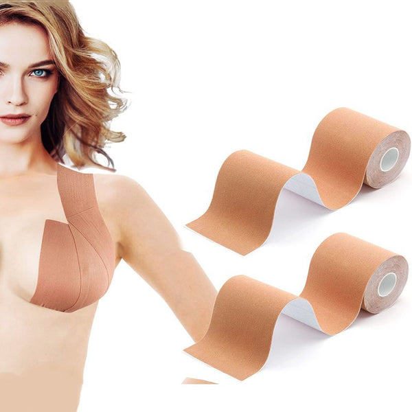 Boob Tape Strap 5M displayed on a model showcasing support and lift for A–G cup sizes, ideal for various outfits.