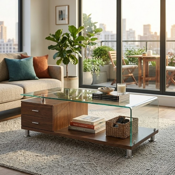 Glass Top Coffee Table with Drawers in a modern living room setting with a sleek design and practical storage.