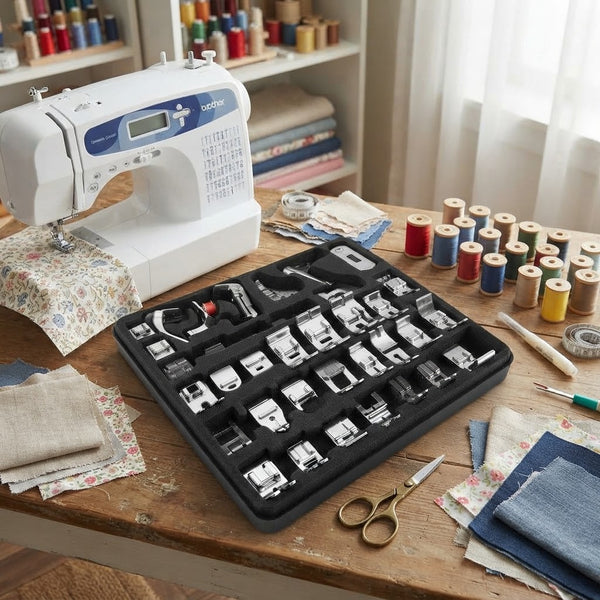 Multi-Functional Sewing Machine Presser Feet Kit displayed on a crafting table beside a sewing machine and colorful spools of thread.