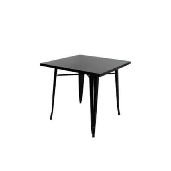 Modern Steel and Glass Dining Table with a sleek black top and stylish legs.