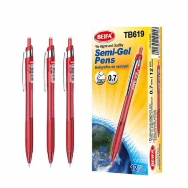 12 pcs Quick-Dry Semi-Gel Pens 0.7mm Red in packaging with three pens displayed beside it.
