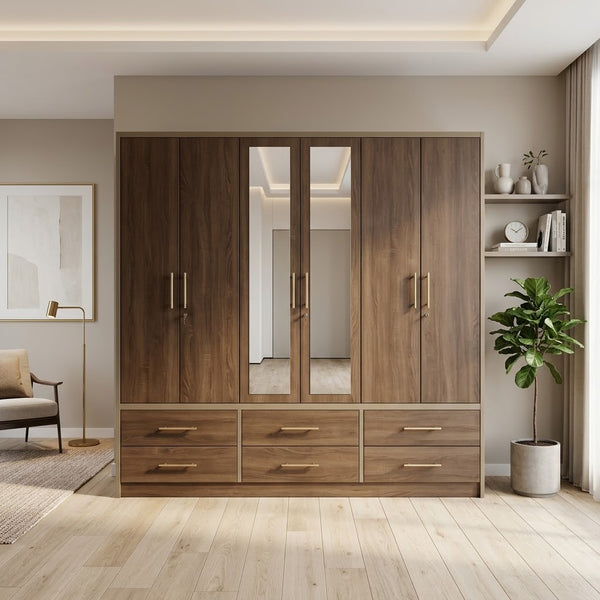 6-Door Wardrobe with Mirrored Doors and 6 Storage Drawers