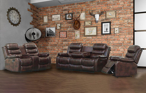 Air Leather Modern Sofa in a stylish living room with brick wall and vintage decor.