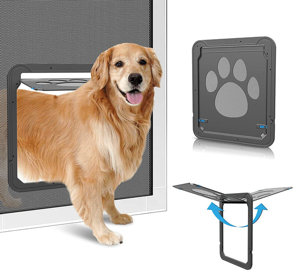 11.4 inches Lockable Magnetic Flap Pet Screen Door with golden retriever entering and magnetic flap design.
