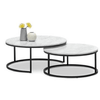Space-Saving Coffee Table Set featuring compact nesting tables with marble tops and black metal bases.