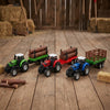 Farm Model Die-Cast Metal Series Toy Set with colorful tractors and logs on a wooden floor.