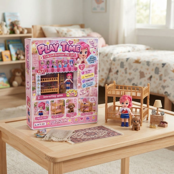 Doll Bedroom Play Set displayed with themed furniture and accessories, perfect for imaginative doll play in a cozy setting.