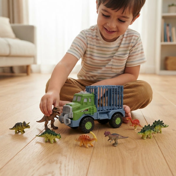 Child playing with Dino Adventure Truck Toy Set with 8 Mini Dinosaur Figures on wooden floor.