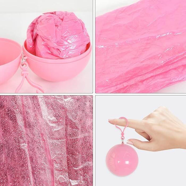 Disposable Raincoat Ball in a pink container, showcasing the compact design and lightweight rain protection.