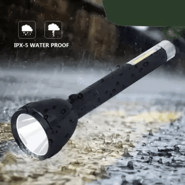 Pro High-Power Flashlight featuring IPX-5 waterproof technology, ideal for outdoor use in wet conditions.